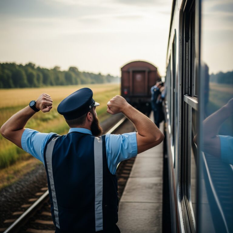 Conductor estirándose en una parada durante un viaje largo, mostrando alivio del cansancio muscular.