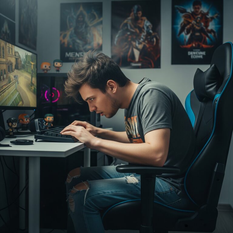 Un joven gamer sentado en su silla con una postura encorvada, mirando la pantalla del ordenador.