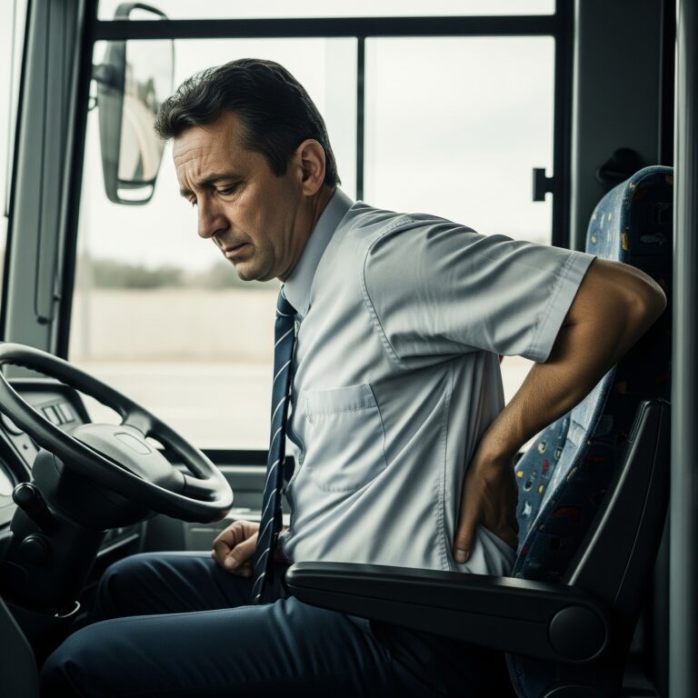 Conductor de autobús profesional con expresión de dolor en la espalda baja, reflejando incomodidad al volante.