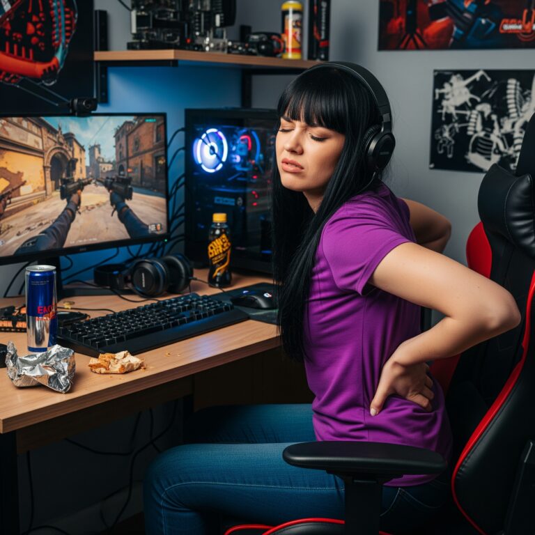 Una gamer sentada en su silla con una expresión de dolor de espalda, tocándose la zona lumbar.