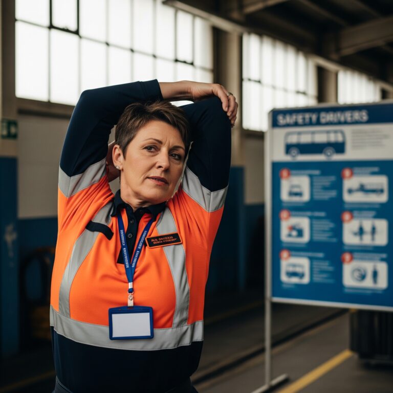 Conductora de autobús profesional realizando estiramientos para aliviar la tensión, vestida con chaleco de seguridad naranja.