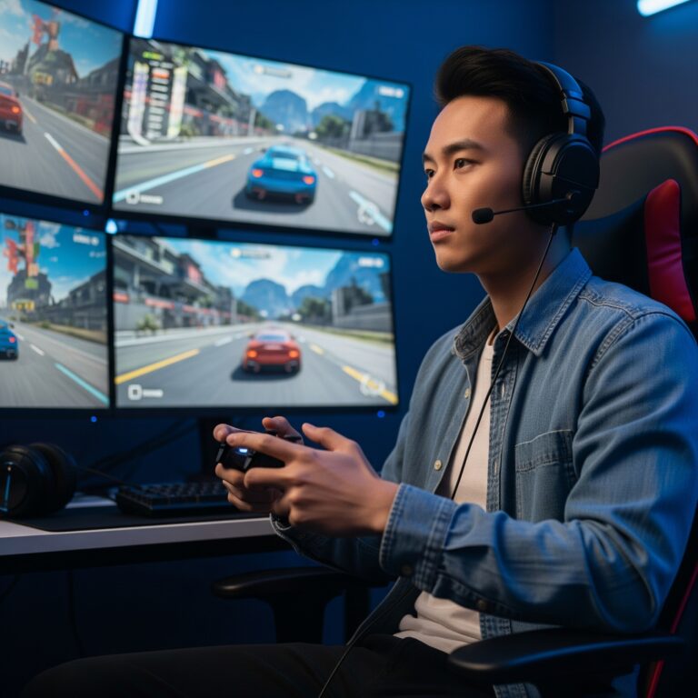 Un gamer asiático sentado con buena postura, concentrado en su juego frente a múltiples pantallas.