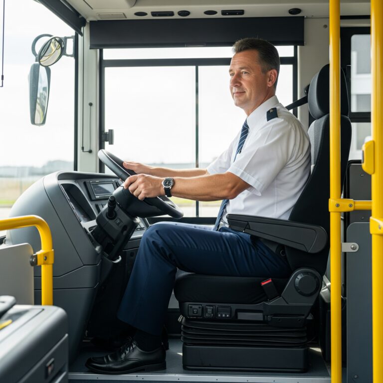 Conductor de autobús profesional sonriendo y relajado al volante, con una postura correcta, gracias a la comodidad.