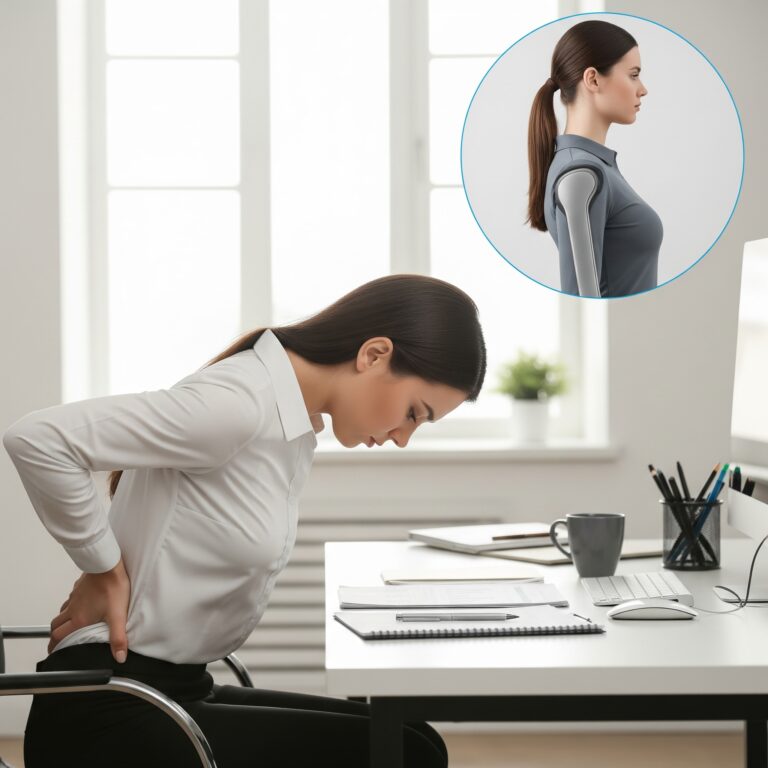 Persona trabajando en un escritorio con mala postura, destacando la importancia del soporte lumbar.