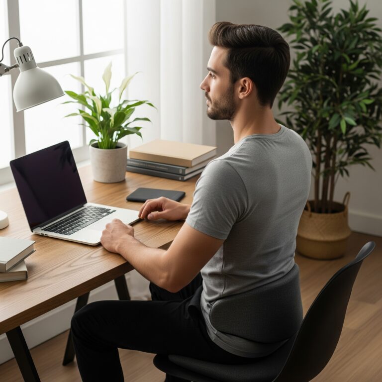 Persona usando un cojín de soporte lumbar (similar al Protector de Espalda de Ok Asientos) mientras está sentada en un escritorio, mostrando una postura mejorada.