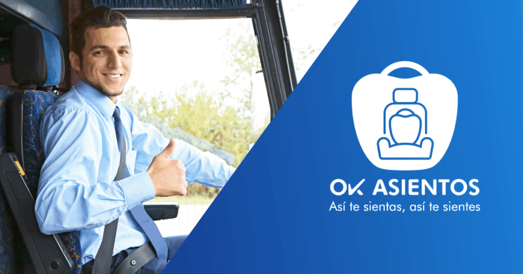 Joven conductor sonriendo con el pulgar arriba junto al logo de Ok Asientos, simbolizando satisfacción y comodidad.
