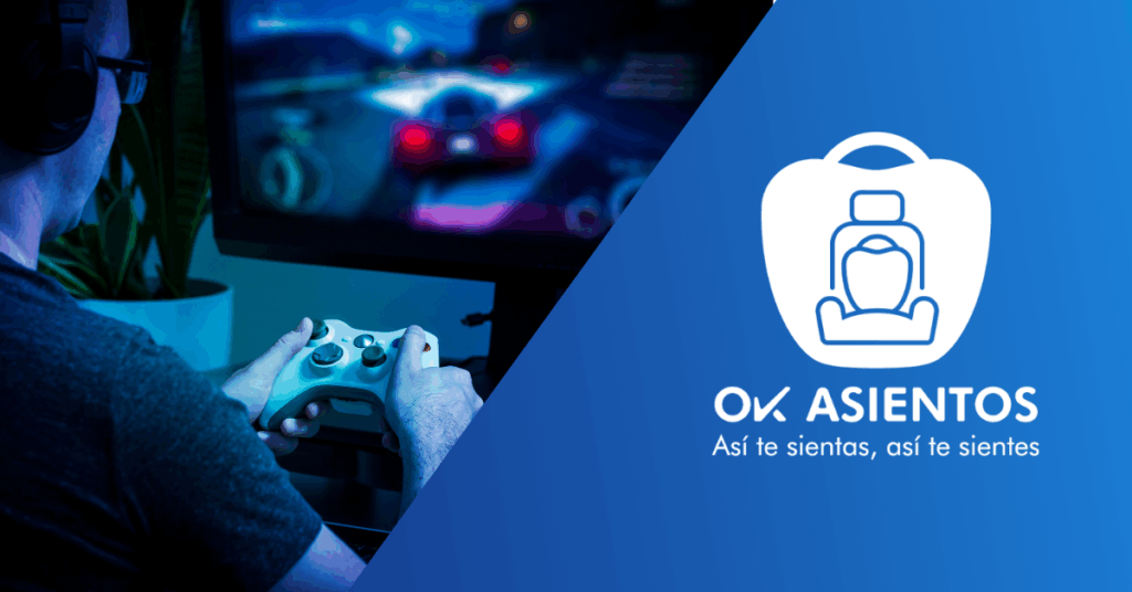 Un gamer sosteniendo un control, jugando frente a un televisor, con el logo de Ok Asientos y el lema "Así te sientas, así te sientes" a un lado.