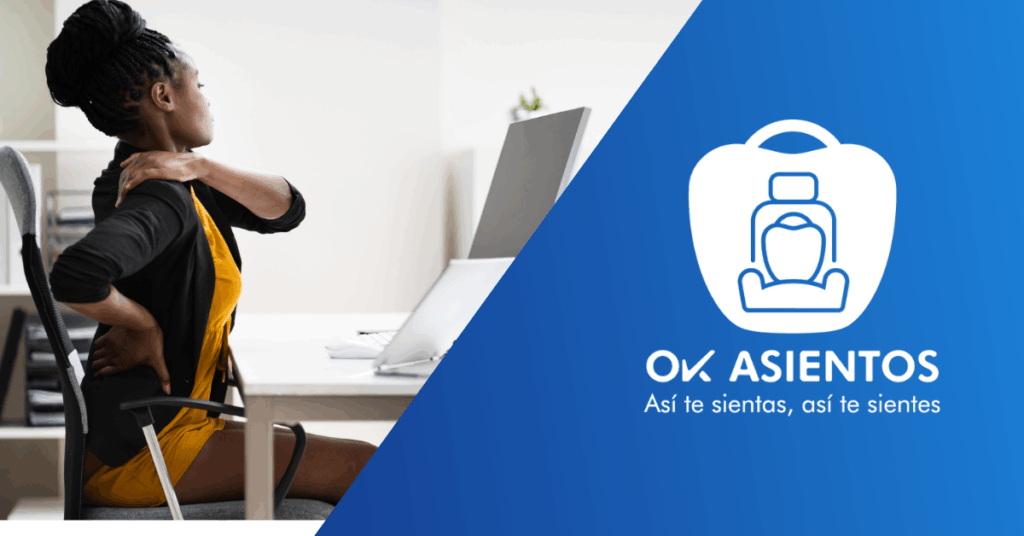 Mujer en un escritorio con dolor de espalda y cuello, tocándose la zona lumbar y el hombro, con el logo de Ok Asientos al lado. Representa los riesgos del sedentarismo y la necesidad de comodidad.